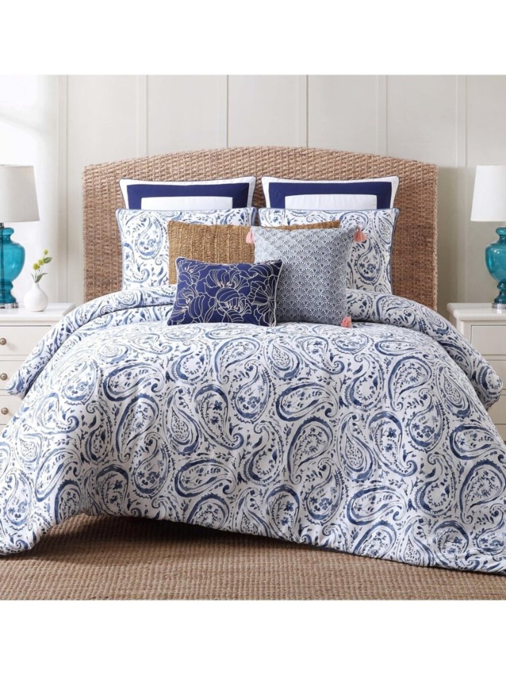 Indienne Paisley Navy and White Cotton 3-Piece King Duvet Set, Floral Themed